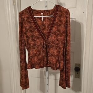 Free People Rust Paisley Tie-Front V-Neck Blouse